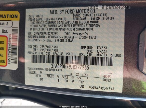 3FA6P0H79JR227265 2018 FORD FUSION Gray Widok komory silnika
