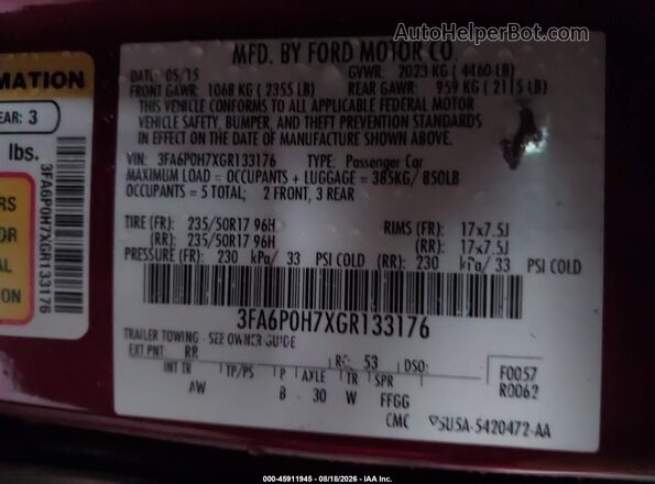 3FA6P0H7XGR133176 2016 FORD FUSION Красный Вид подкапотного пространства