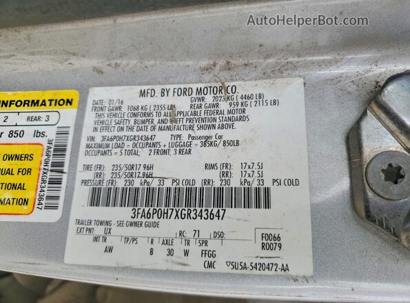 3FA6P0H7XGR343647 2016 FORD FUSION Silver ძრავის განყოფილების ხედი
