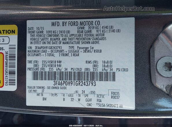 3FA6P0H91GR243793 2016 FORD FUSION Gray ძრავის განყოფილების ხედი