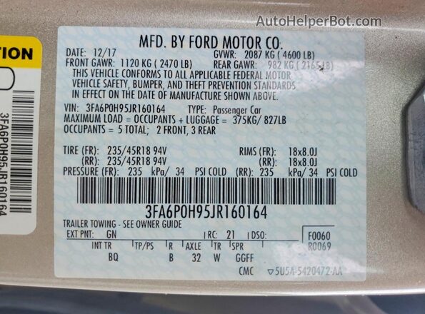 3FA6P0H95JR160164 2018 FORD FUSION Gold Engine compartment view