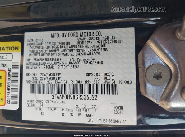 3FA6P0H98GR336522 2016 FORD FUSION Black ძრავის განყოფილების ხედი