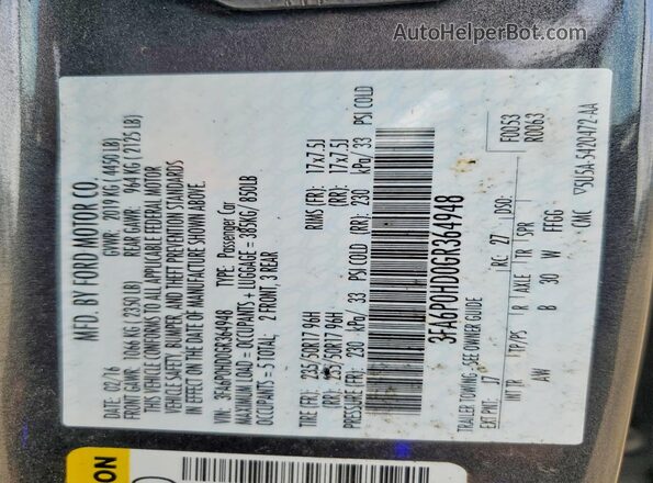 3FA6P0HD0GR364948 2016 FORD FUSION Gray Շարժիչի բաժամունքի տեսք