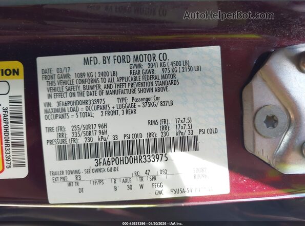 3FA6P0HD0HR333975 2017 FORD FUSION Темно-бордовый Вид подкапотного пространства