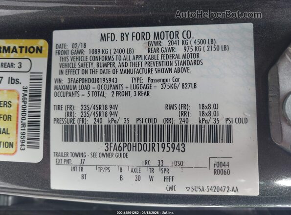 3FA6P0HD0JR195943 2018 FORD FUSION Gray Engine compartment view