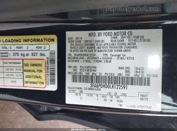 3FA6P0HD0LR122591 2020 FORD FUSION Black ძრავის განყოფილების ხედი