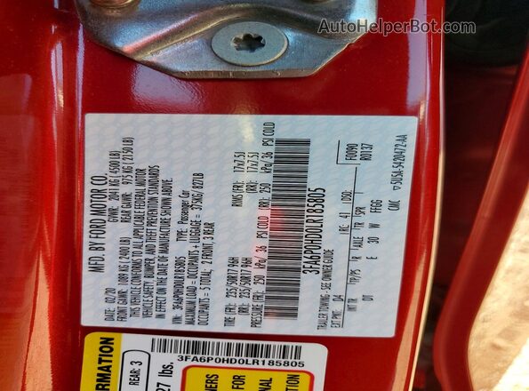 3FA6P0HD0LR185805 2020 FORD FUSION Red Вид підкапотного простору
