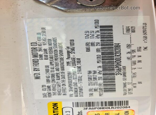 3FA6P0HD0LR202084 2020 FORD FUSION White ძრავის განყოფილების ხედი