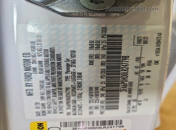 3FA6P0HD0LR247798 2020 FORD FUSION White Вид підкапотного простору