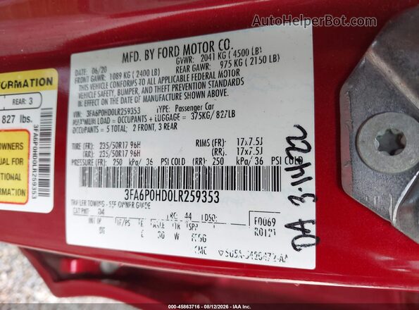 3FA6P0HD0LR259353 2020 FORD FUSION Red Շարժիչի բաժամունքի տեսք