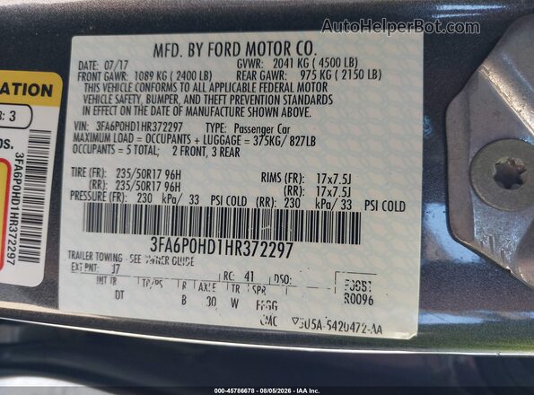 3FA6P0HD1HR372297 2017 FORD FUSION Серый Вид подкапотного пространства