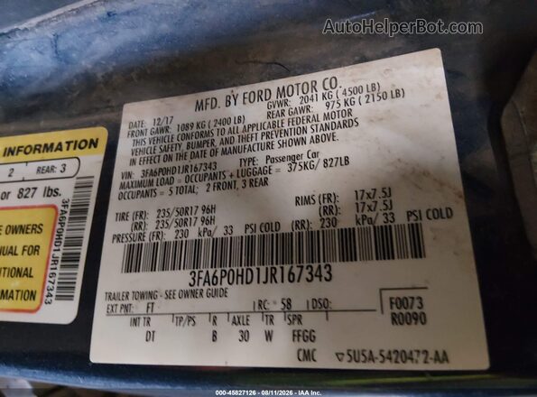 3FA6P0HD1JR167343 2018 FORD FUSION Синий Вид подкапотного пространства
