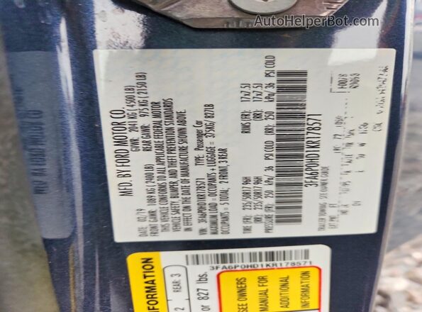 3FA6P0HD1KR178571 2019 FORD FUSION Blue Вид наклейки з VIN-кодом