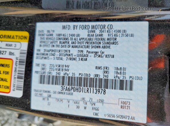 3FA6P0HD1LR113978 2020 FORD FUSION Black Widok komory silnika