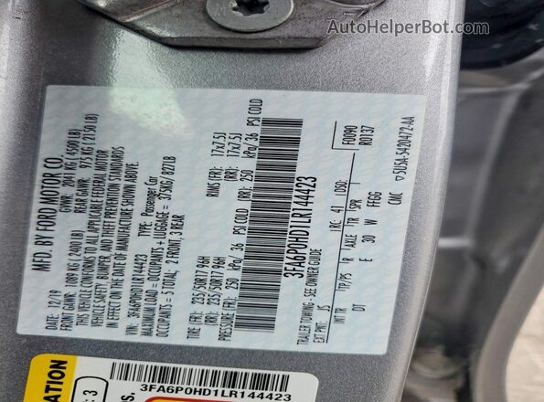 3FA6P0HD1LR144423 2020 FORD FUSION Silver Widok komory silnika