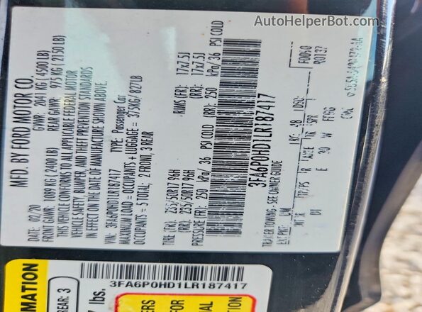 3FA6P0HD1LR187417 2020 FORD FUSION Черный 