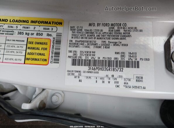 3FA6P0HD2GR185732 2016 FORD FUSION White Widok komory silnika