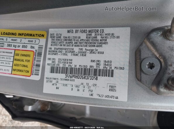 3FA6P0HD2GR373358 2016 FORD FUSION Silver ძრავის განყოფილების ხედი