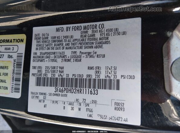 3FA6P0HD2HR111633 2017 FORD FUSION Черный Вид подкапотного пространства