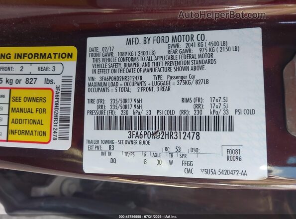 3FA6P0HD2HR312478 2017 FORD FUSION Maroon Engine compartment view