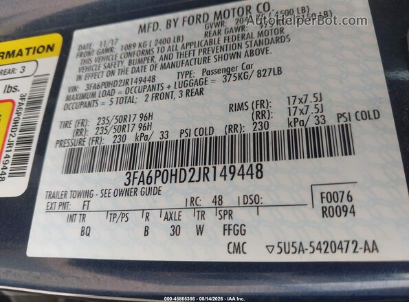 3FA6P0HD2JR149448 2018 FORD FUSION Blue Engine compartment view