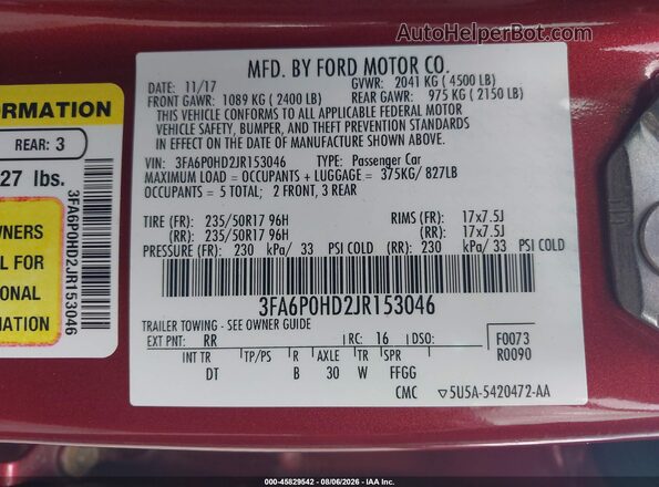 3FA6P0HD2JR153046 2018 FORD FUSION Red Widok komory silnika