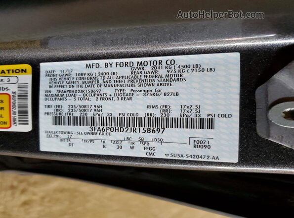 3FA6P0HD2JR158697 2018 FORD FUSION Gray Vista del compartimento del motor