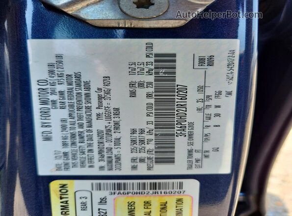 3FA6P0HD2JR160207 2018 FORD FUSION Blue Widok komory silnika