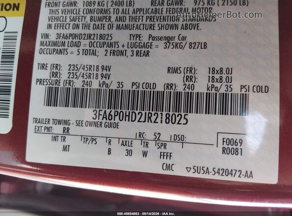 3FA6P0HD2JR218025 2018 FORD FUSION Красный Вид подкапотного пространства