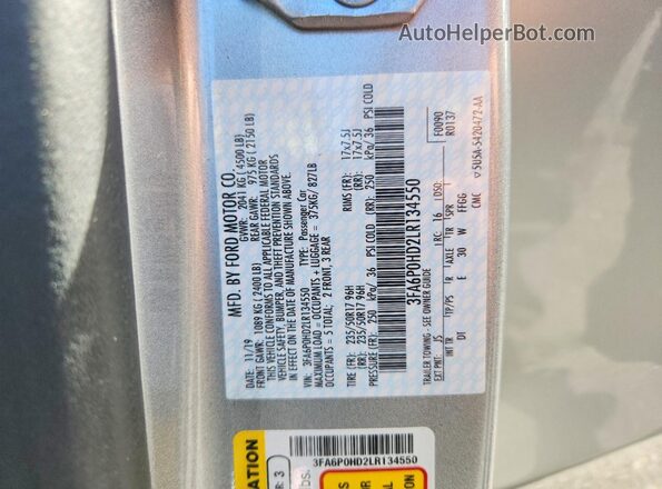 3FA6P0HD2LR134550 2020 FORD FUSION Silver Vista del compartimento del motor