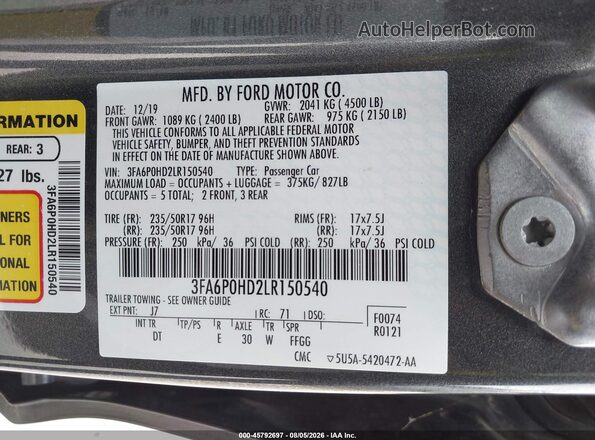 3FA6P0HD2LR150540 2020 FORD FUSION Gray Շարժիչի բաժամունքի տեսք