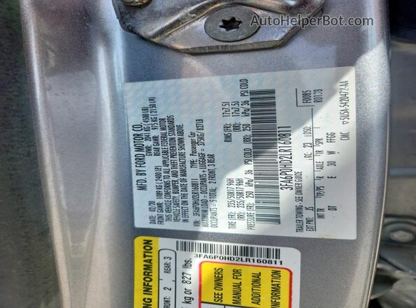 3FA6P0HD2LR160811 2020 FORD FUSION Silver Vista del compartimento del motor