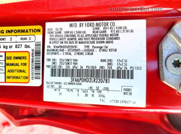 3FA6P0HD2LR220781 2020 FORD FUSION Red Vista del compartimento del motor