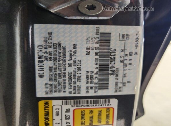 3FA6P0HD2LR247107 2020 FORD FUSION Gray Widok naklejki z numerem VIN