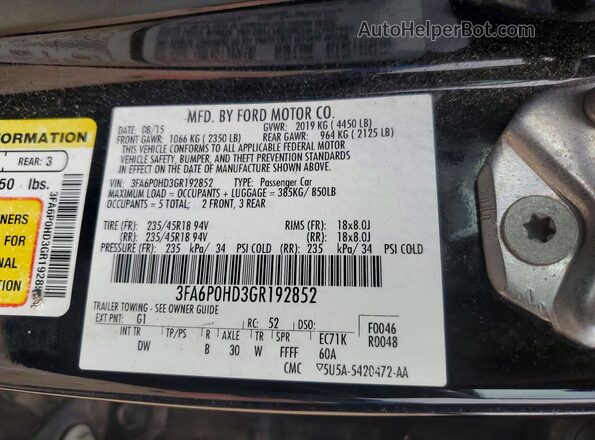 3FA6P0HD3GR192852 2016 FORD FUSION Black VIN კოდის სტიკერის ხედი