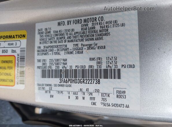 3FA6P0HD3GR222738 2016 FORD FUSION Silver Widok komory silnika