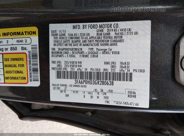 3FA6P0HD3GR280638 2016 FORD FUSION Gray Widok komory silnika