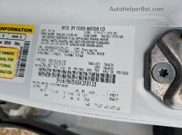 3FA6P0HD3GR378133 2016 FORD FUSION Белый Вид наклейки с VIN-кодом