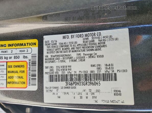 3FA6P0HD3GR396065 2016 FORD FUSION Gray Вид наклейки з VIN-кодом