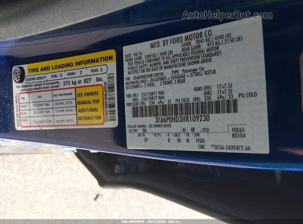 3FA6P0HD3HR109230 2017 FORD FUSION Blue Widok komory silnika