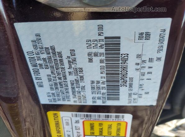 3FA6P0HD3HR194053 2017 FORD FUSION Red Widok komory silnika