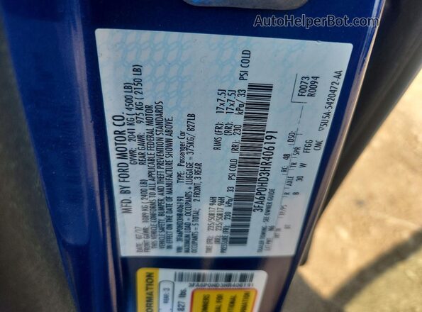 3FA6P0HD3HR406191 2017 FORD FUSION Blue Vista del compartimento del motor