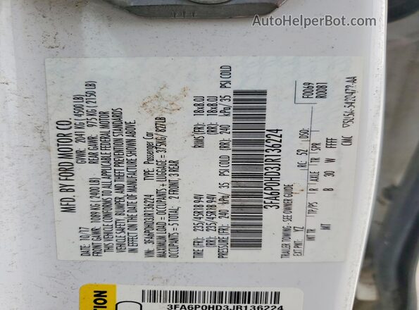 3FA6P0HD3JR136224 2018 FORD FUSION Белый Вид наклейки с VIN-кодом