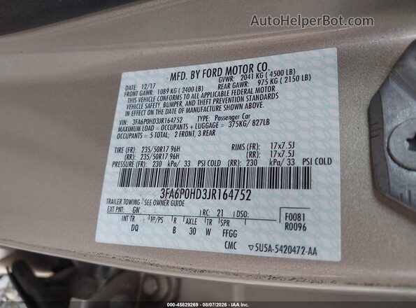 3FA6P0HD3JR164752 2018 FORD FUSION Beige ძრავის განყოფილების ხედი