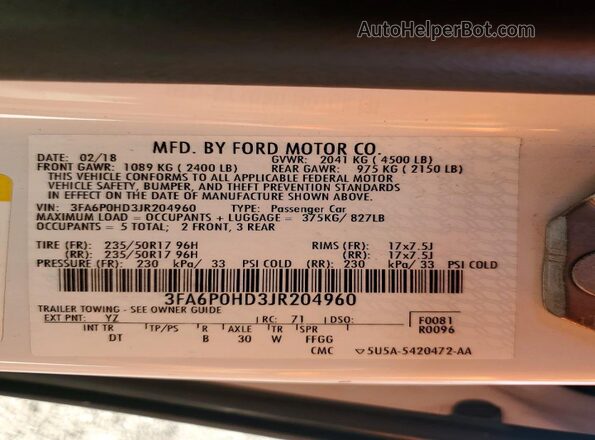 3FA6P0HD3JR204960 2018 FORD FUSION White ძრავის განყოფილების ხედი