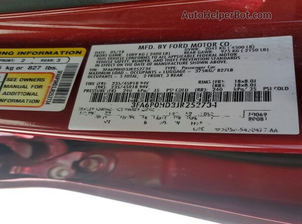 3FA6P0HD3JR252734 2018 FORD FUSION Red Widok komory silnika