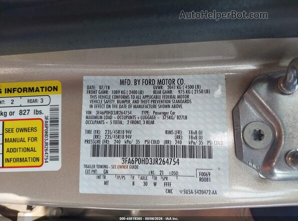 3FA6P0HD3JR264754 2018 FORD FUSION Кремовый Вид подкапотного пространства
