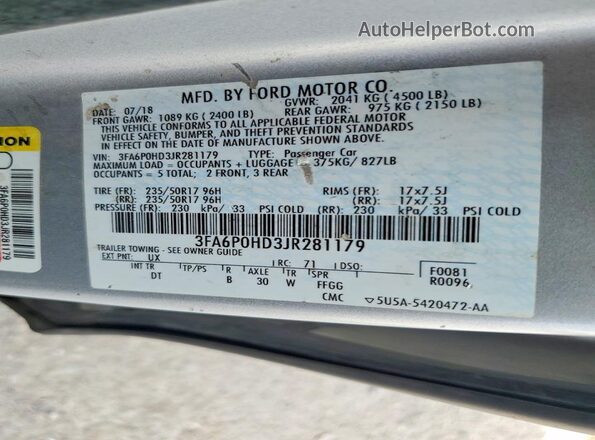 3FA6P0HD3JR281179 2018 FORD FUSION Серебряный Вид подкапотного пространства