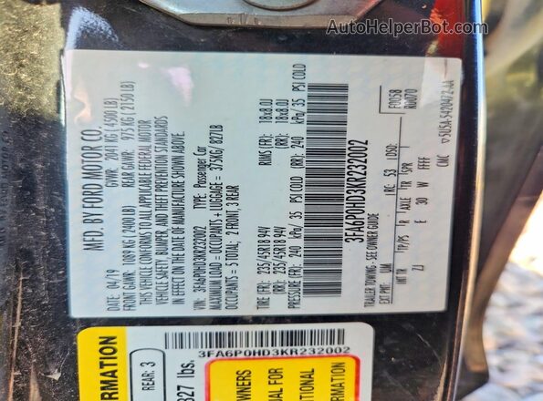 3FA6P0HD3KR232002 2019 FORD FUSION Черный Вид подкапотного пространства