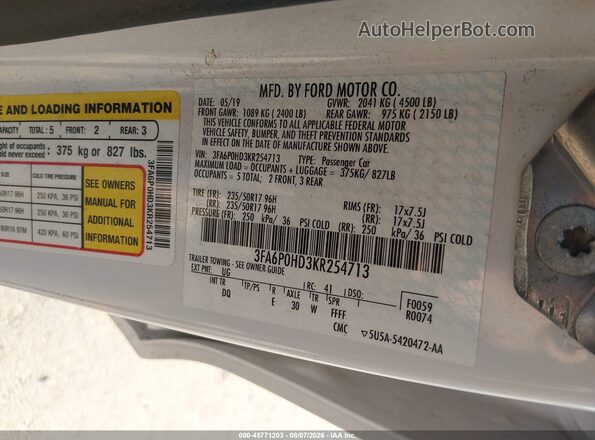 3FA6P0HD3KR254713 2019 FORD FUSION White ძრავის განყოფილების ხედი